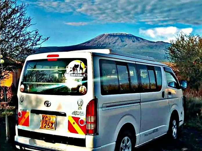 Clear View of Mt Kilimanjaro over our Tour Van