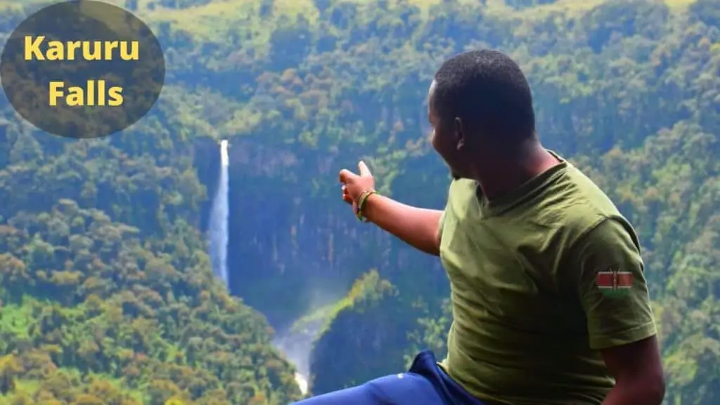 Karuru Falls - Evans of Safari Connect Pointing at the falls.